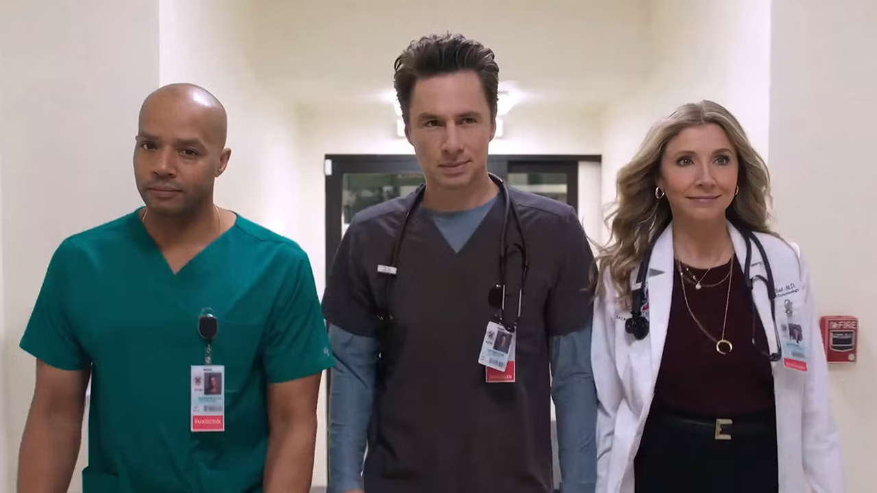 Turk, JD and Elliot walk down a hospital corridor in Scrubs season 10