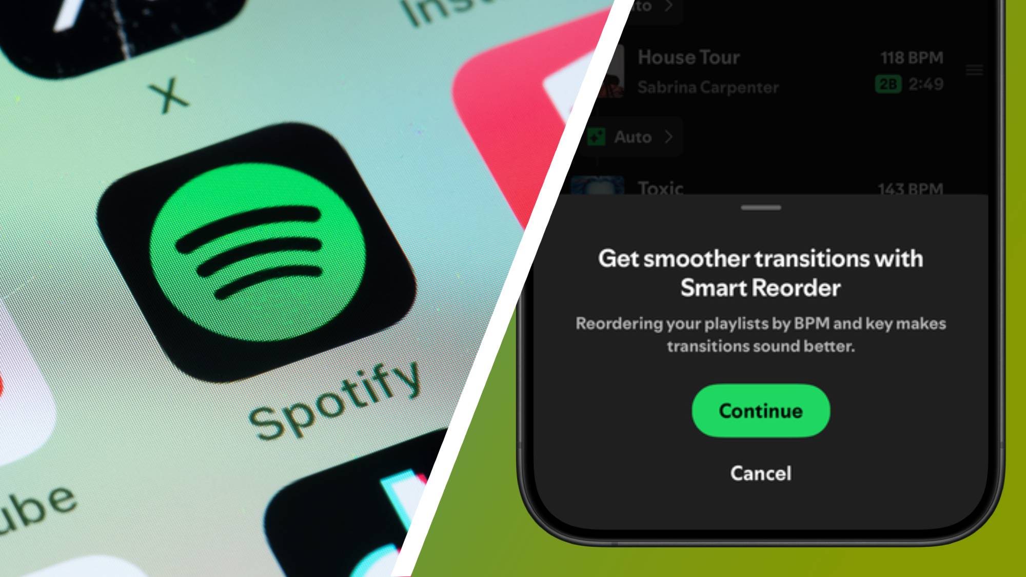 A close-up of the Spotify app icon next to a smartphone showing the new Smart Reorder tool