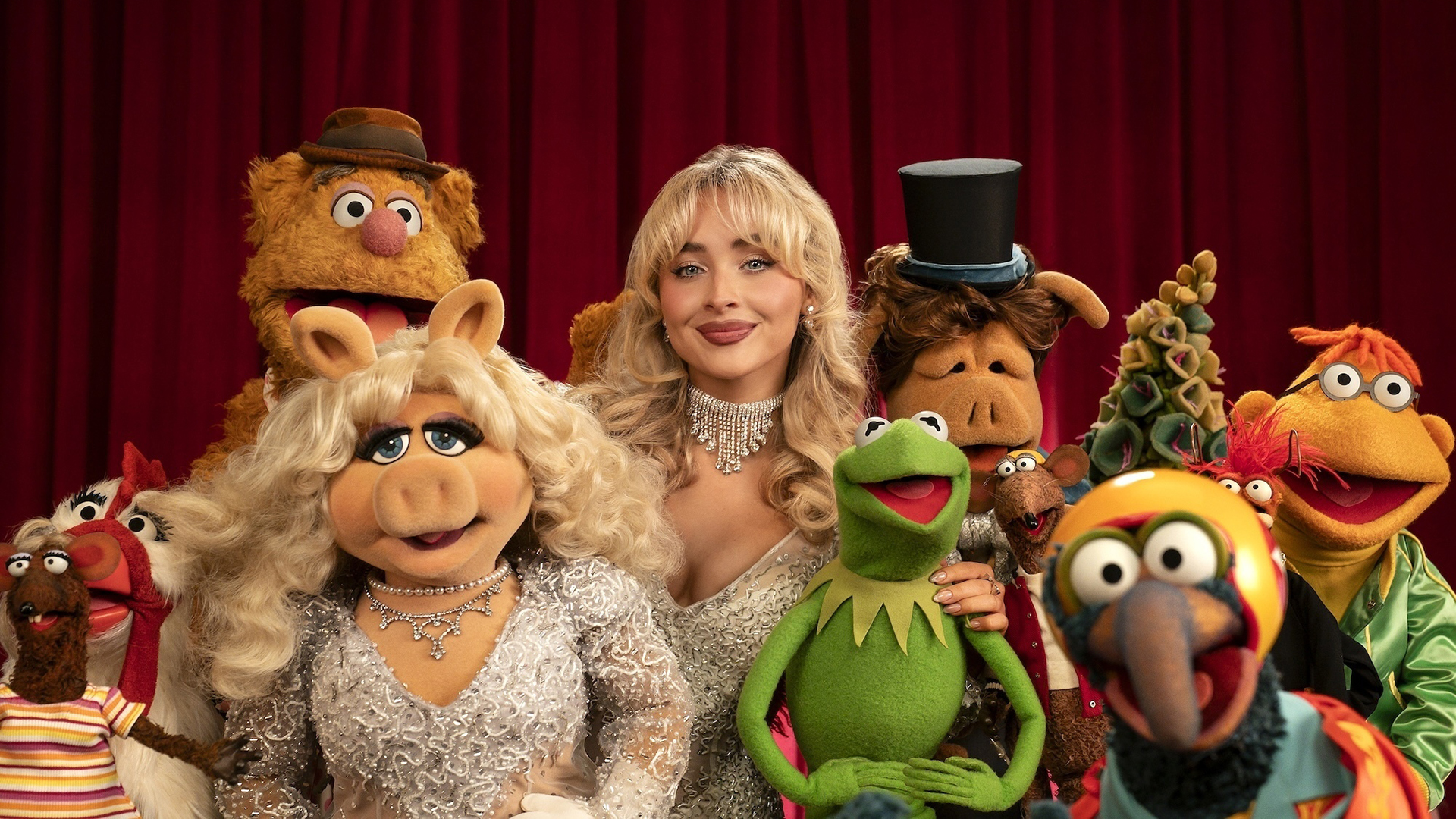 Sabrina Carpenter poses for a photograph with The Muppets for The Muppet Show Special on Disney+