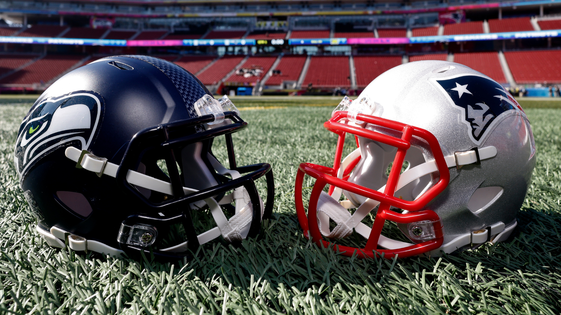 A general view of the Seattle Seahawks helmet and New England Patriots helmet shown inside Levi's Stadium before Super Bowl LX on February 4, 2026 in Santa Clara, California.
