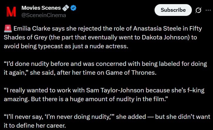 Emilia Clarke reveals she turned down Fifty Shades of Gray for her career