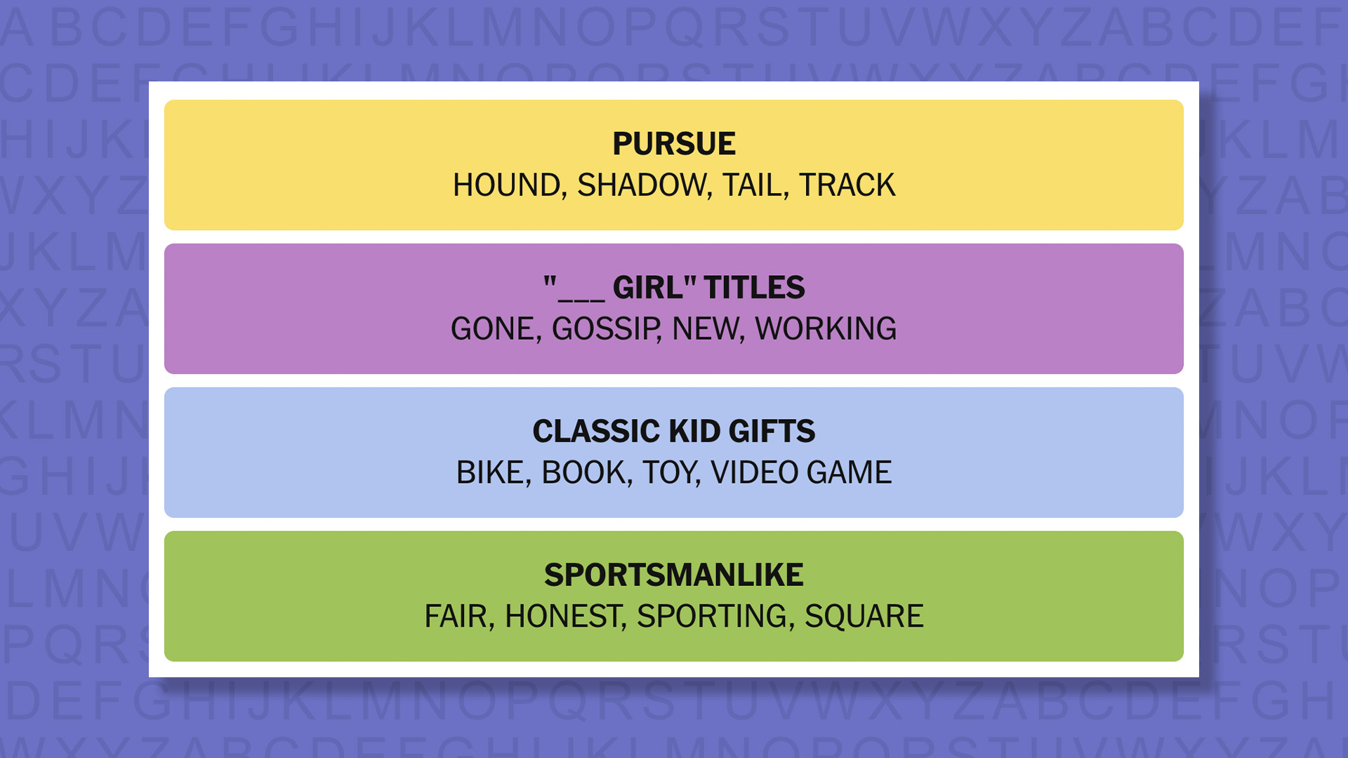 NYT Connections answers for game 997 on a purple background