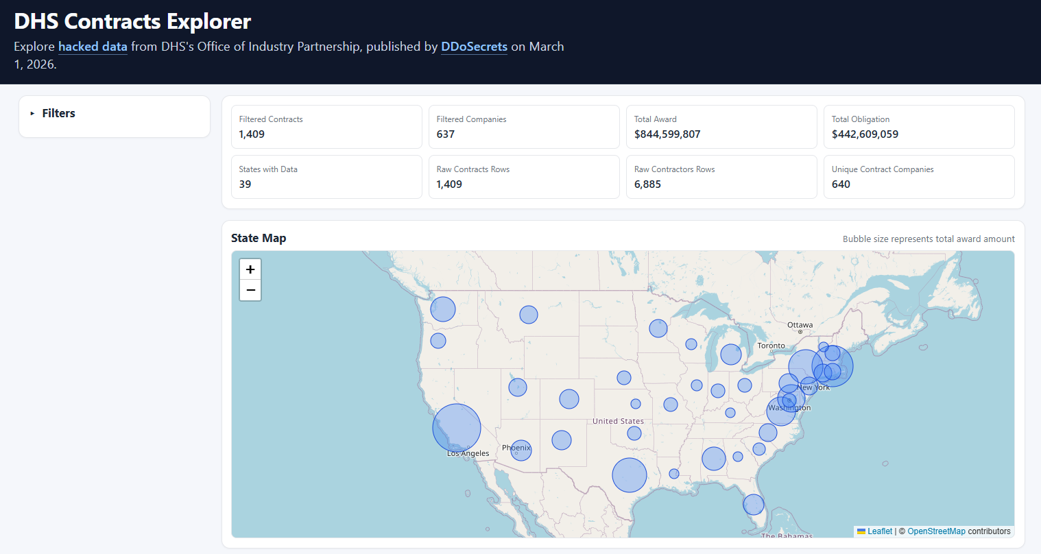 The contract information stolen by the Department of Peace hacktivist group from DHS and ICE is hosted online.