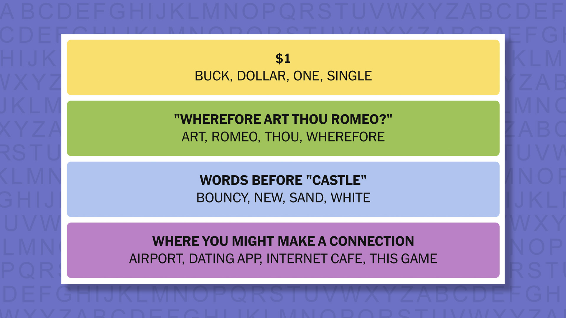 NYT Connections answers for game 1000 on a purple background