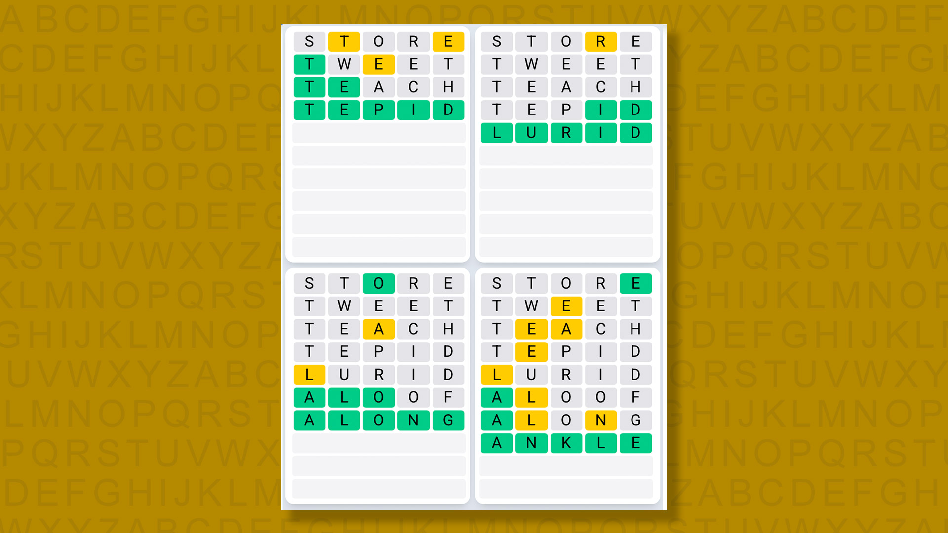 Quordle Daily Sequence answers for game 1514 on a yellow background