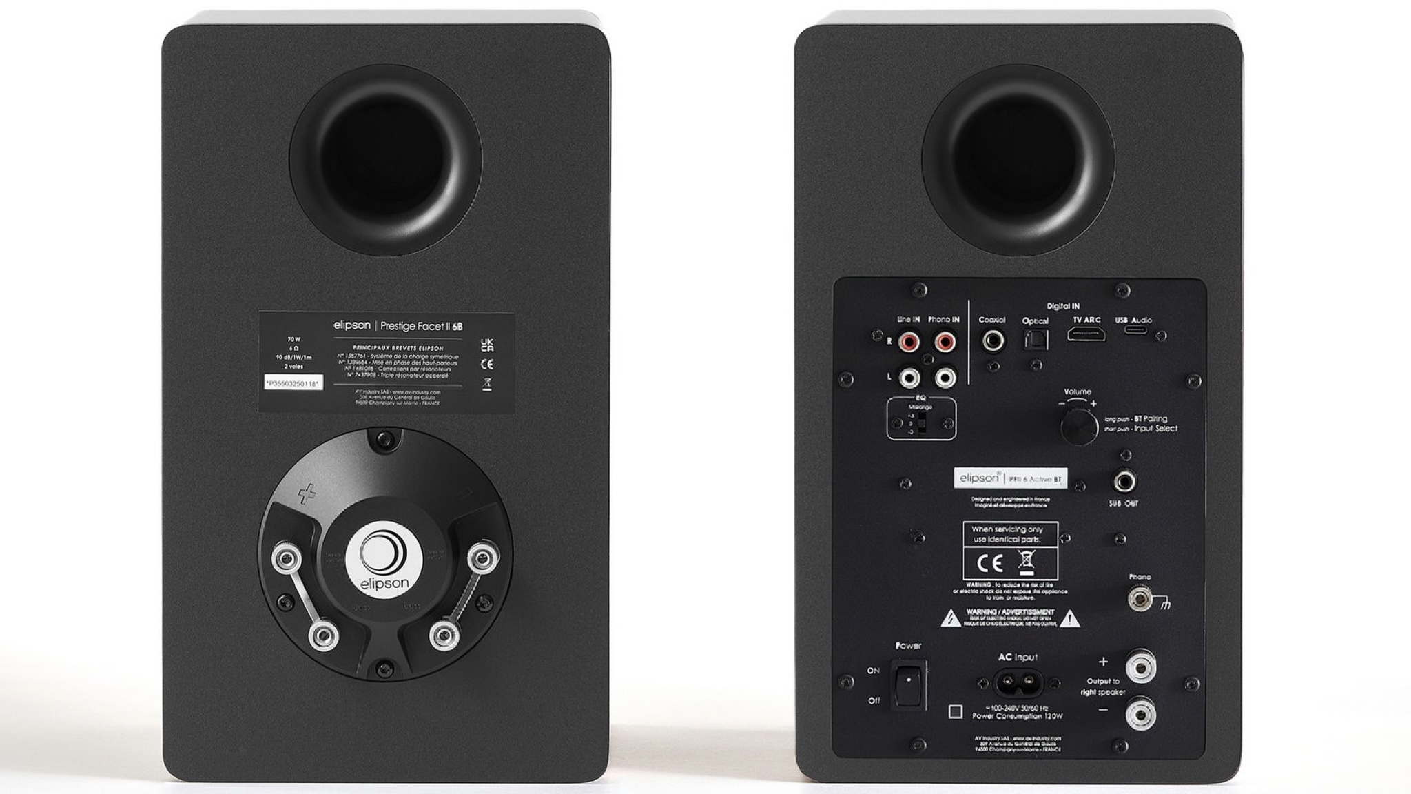 Elipson Prestige Facet II 6 Active BT speakers photographed front and back against a white background