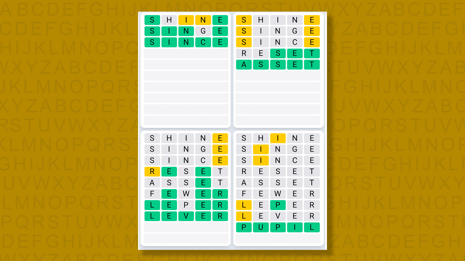 Quordle Daily Sequence answers for game 1515 on a yellow background