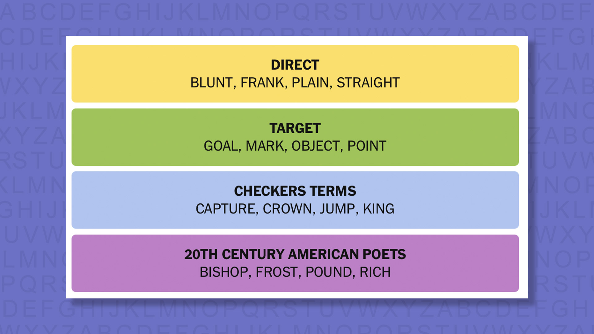 NYT Connections answers for game 1014 on a purple background