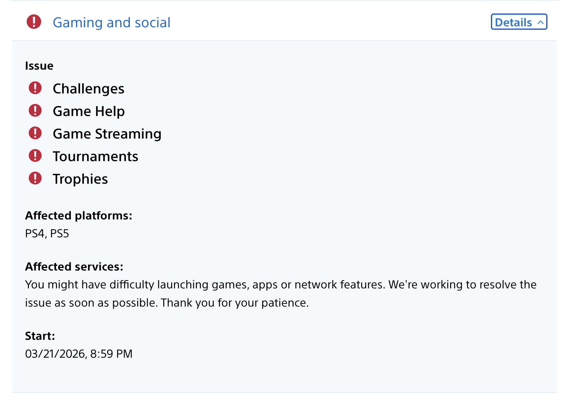 A screenshot of the PlayStation Status page showing that several game and social services are currently down