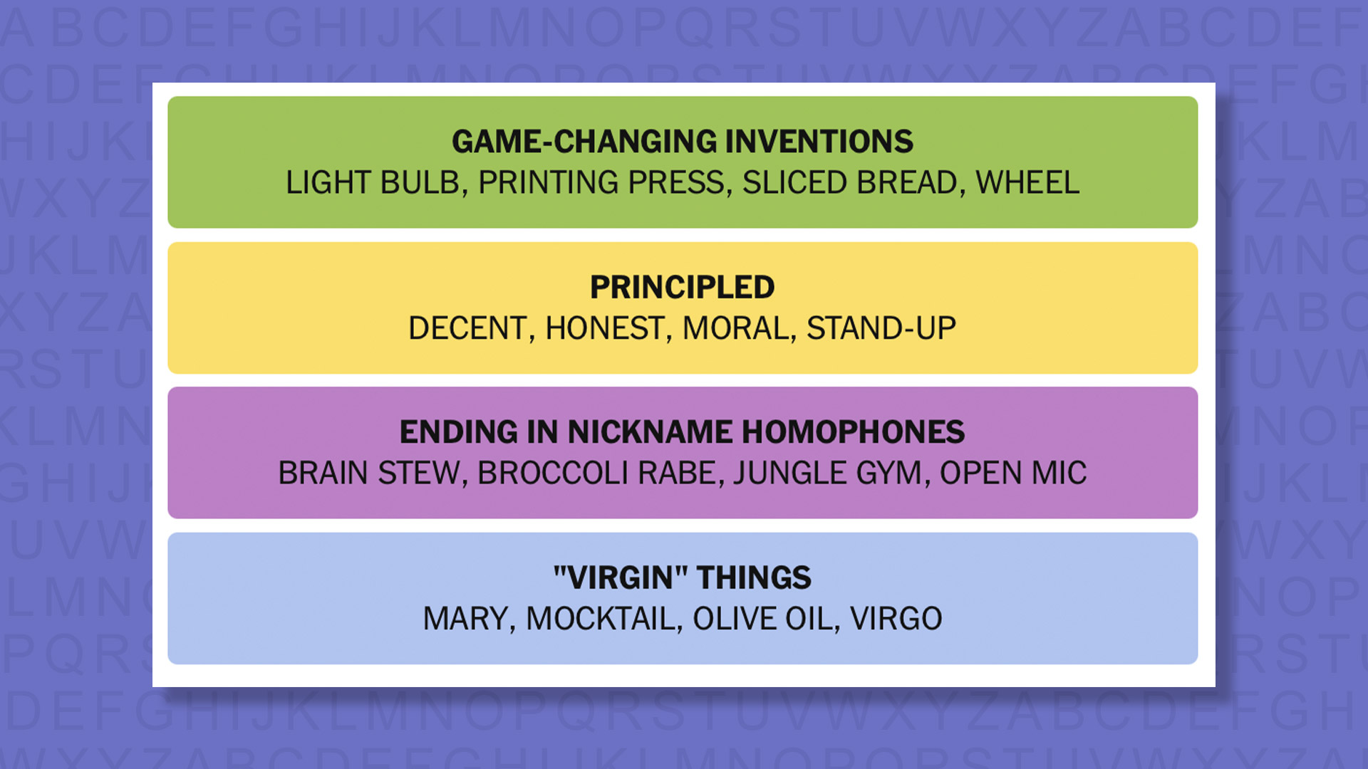 NYT Connections answers for game 1016 on a purple background