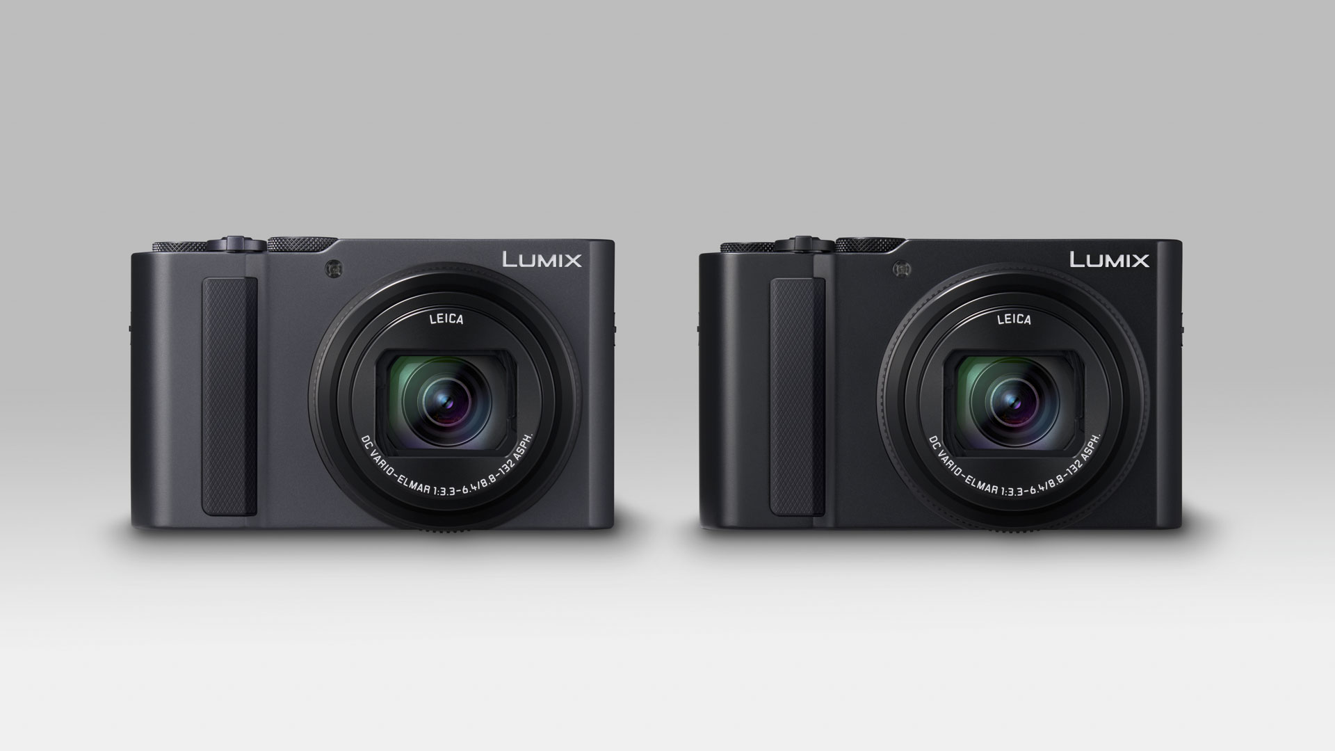 Panasonic Lumix TZ300 travel compact camera in gray and black versions on a plain off-white background