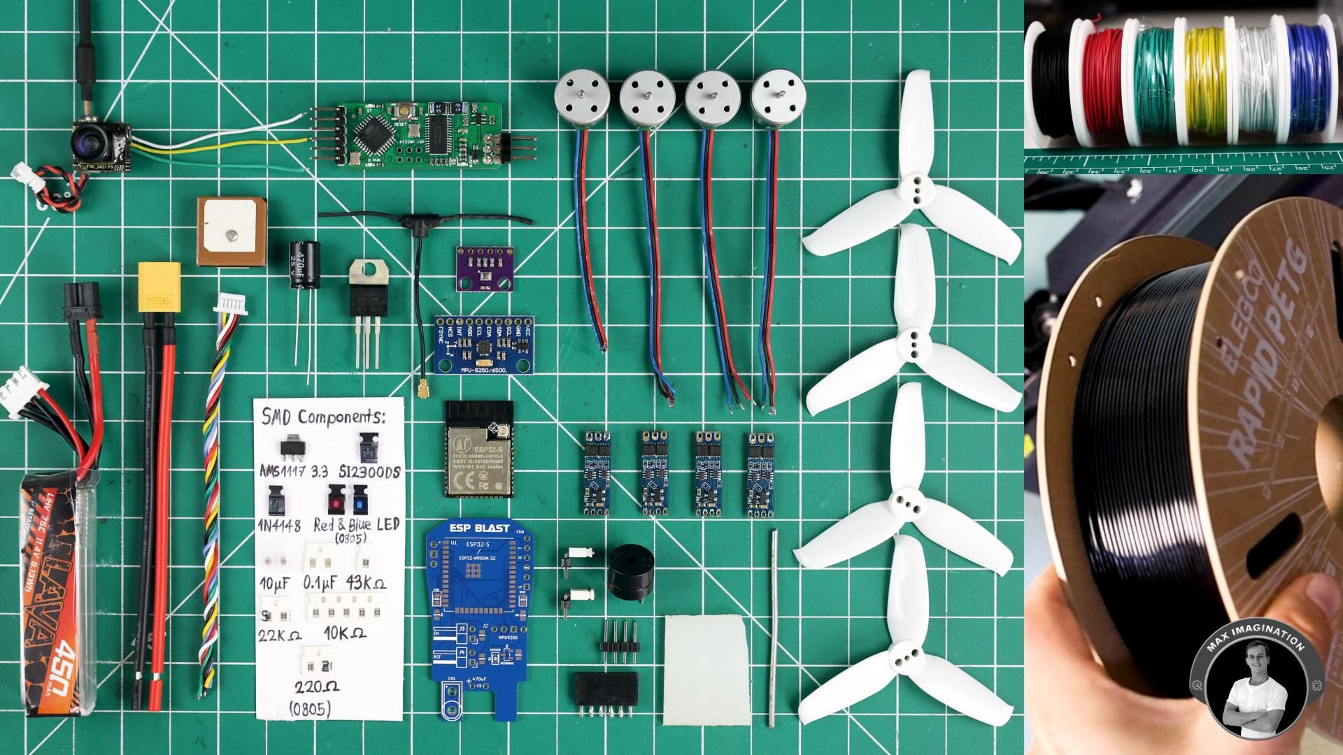 A flat lay of the key components required for the ESP32 drone DIY project by Max Imagination