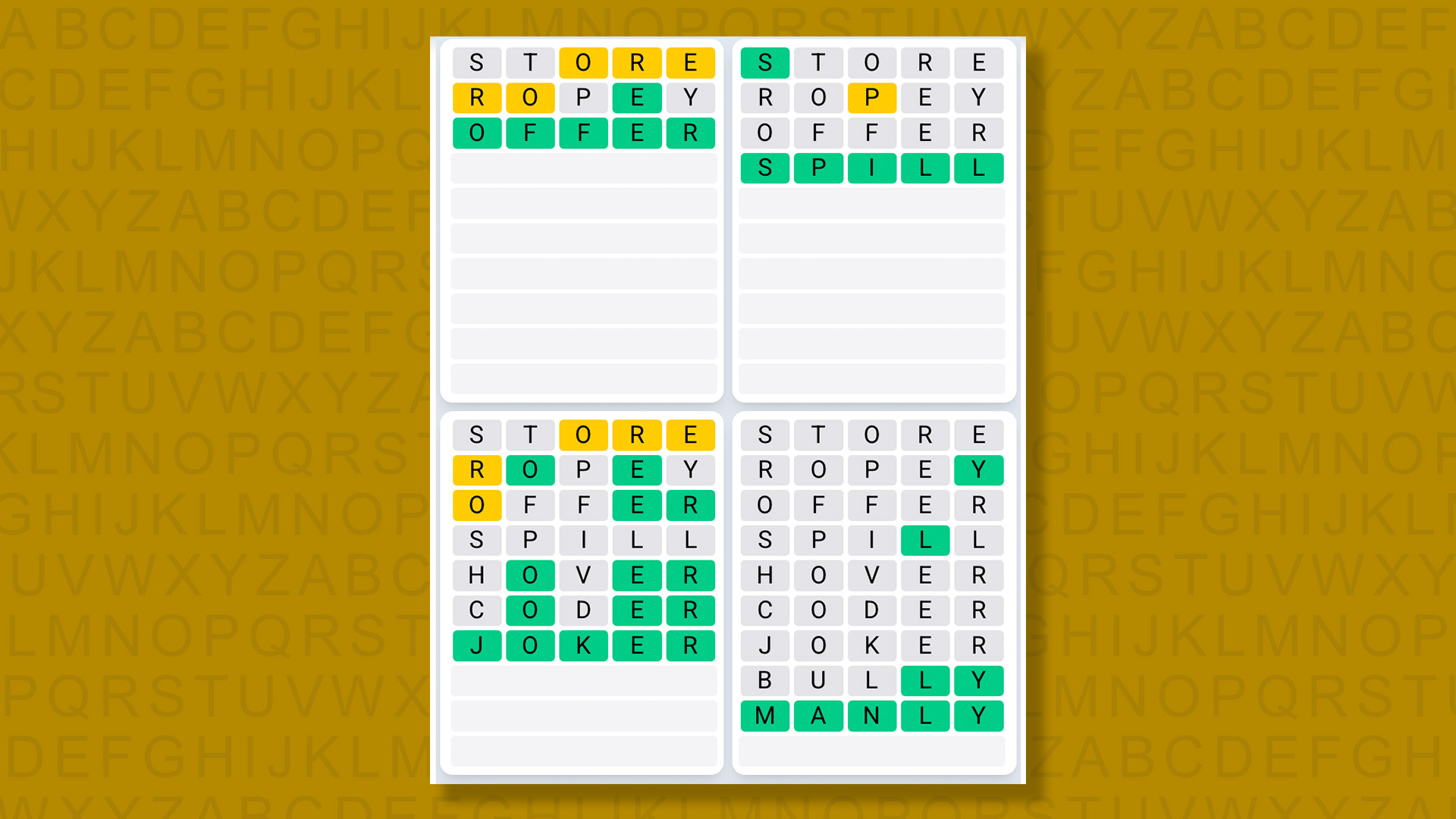 Quordle Daily Sequence answers for game 1522 on a yellow background