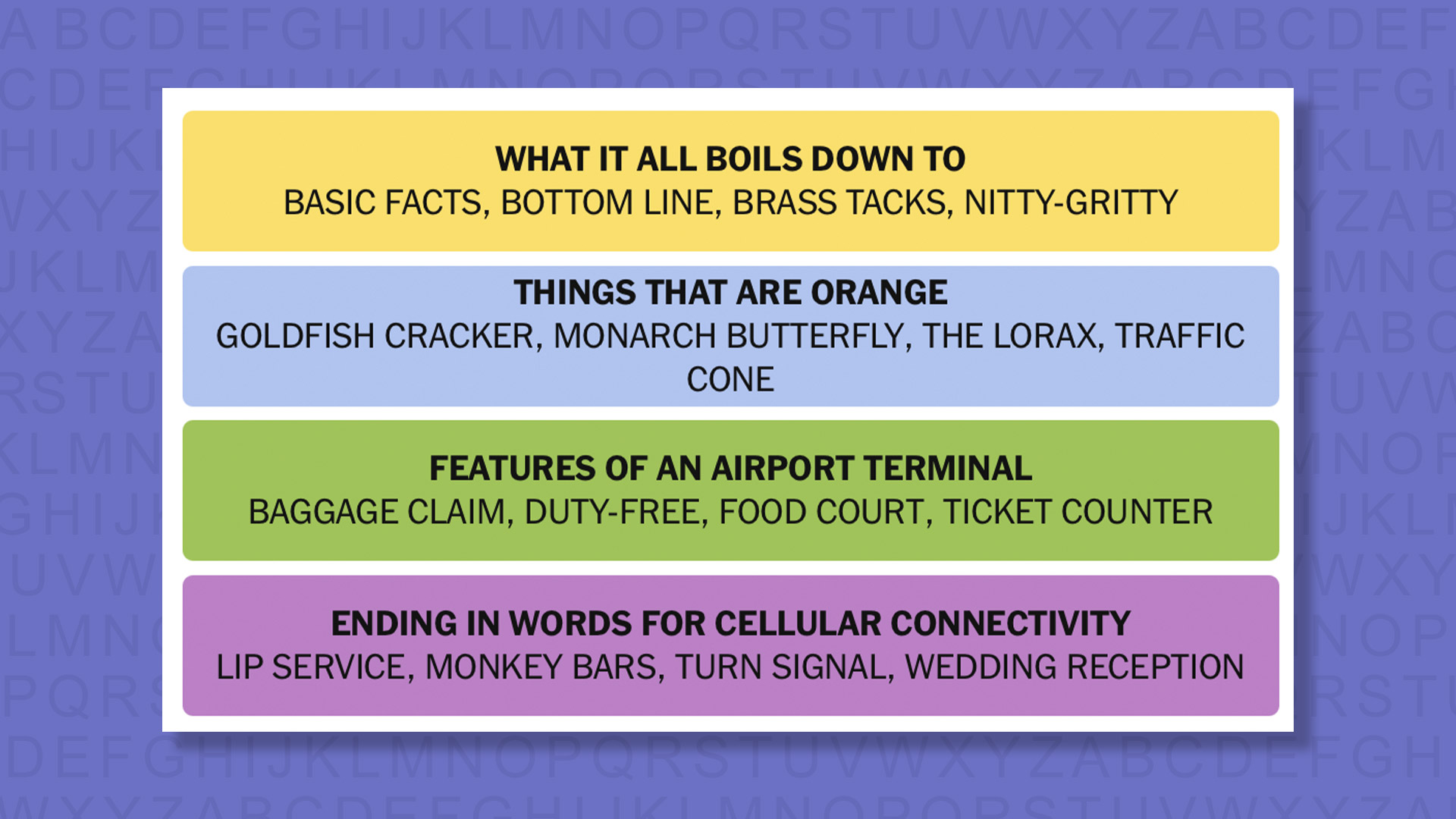NYT Connections answers for game 1020 on a purple background