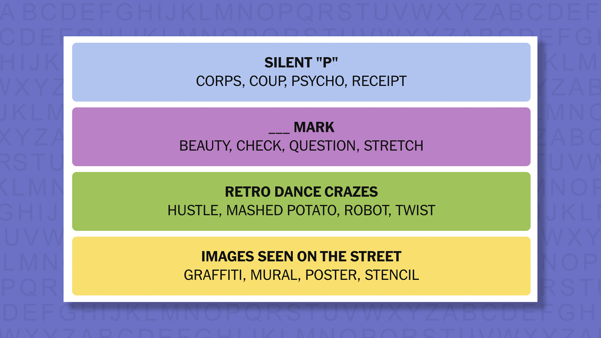 NYT Connections answers for game 1022 on a purple background