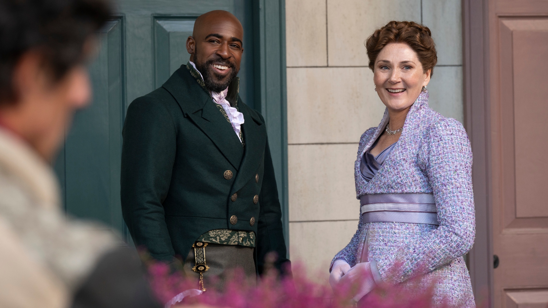 Violet Bridgerton and Lord Marcus Anderson smile in Bridgerton Season 4