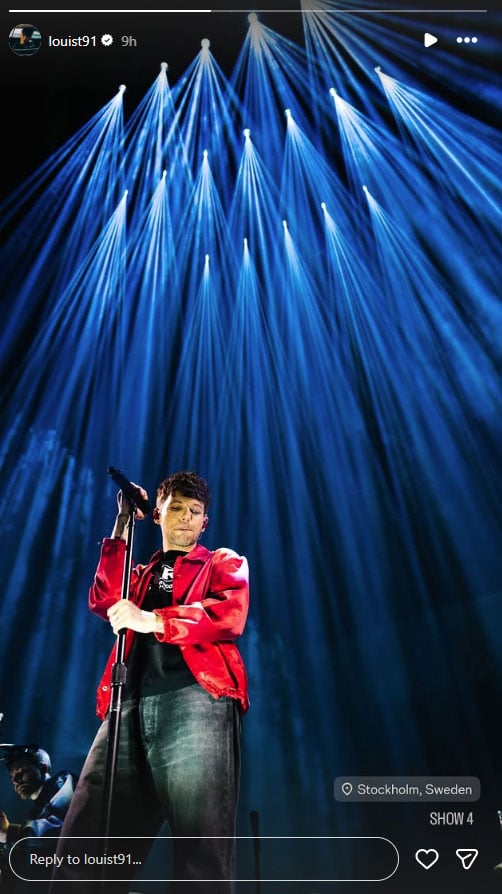 Louis Tomlinson turns heads in an eye-catching red jacket for a concert in Sweden