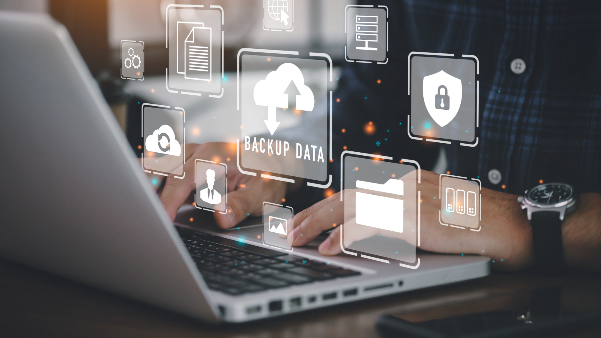 Businessman uses a computer to backup stock data