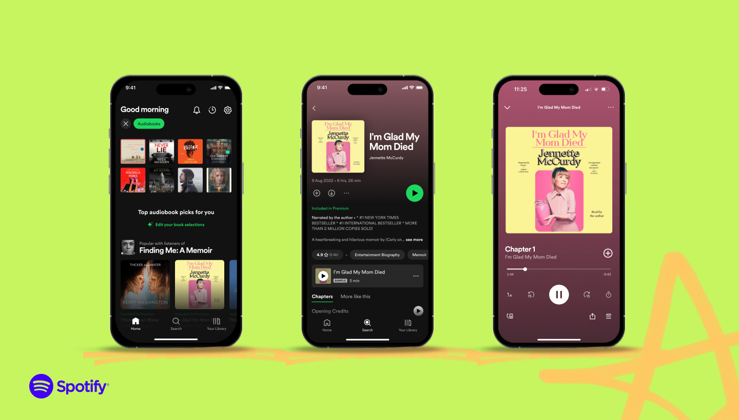 A promo image of Spotify's audiobooks shown on three smartphones.