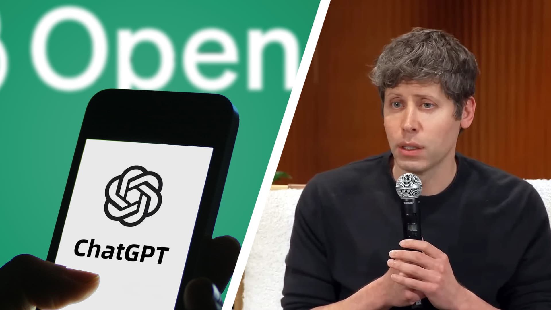 Sam Altman next to a photo of someone using ChatGPT on a phone.