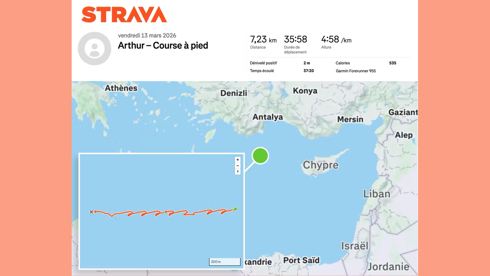 A Strava map showing an activity recorded out at sea