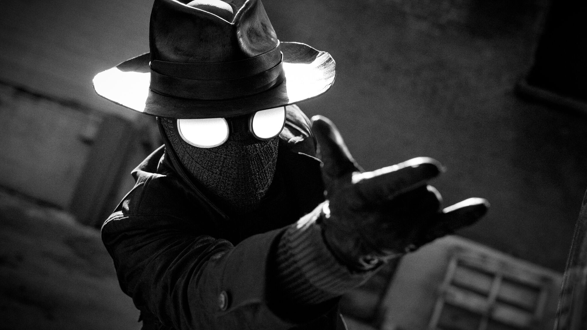 A still from the black and white animated series Spider-Noir showing the titular character in a fedora about to launch a web