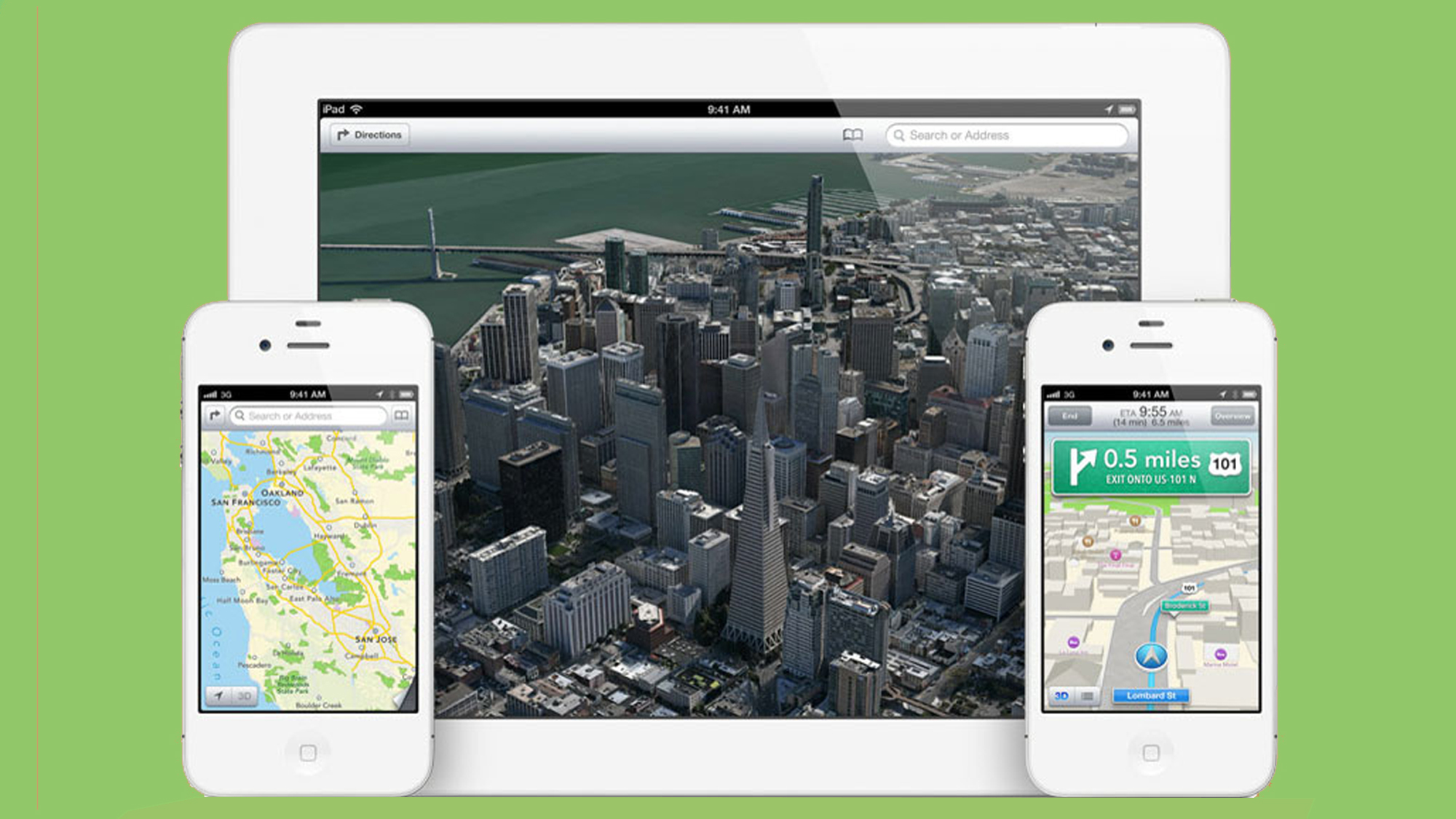 An image of Apple Maps working on two iPhones and an iPad on a green background