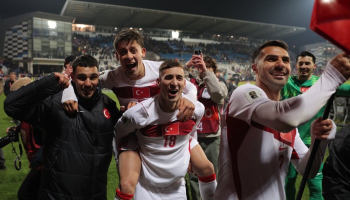 Turkiye players celebrate after qualifying for the FIFA World Cup during the UEFA qualifier against Kosovo at Fadil Vokrri Stadium, Pristina, Kosovo on March 31, 2026. — Reuters