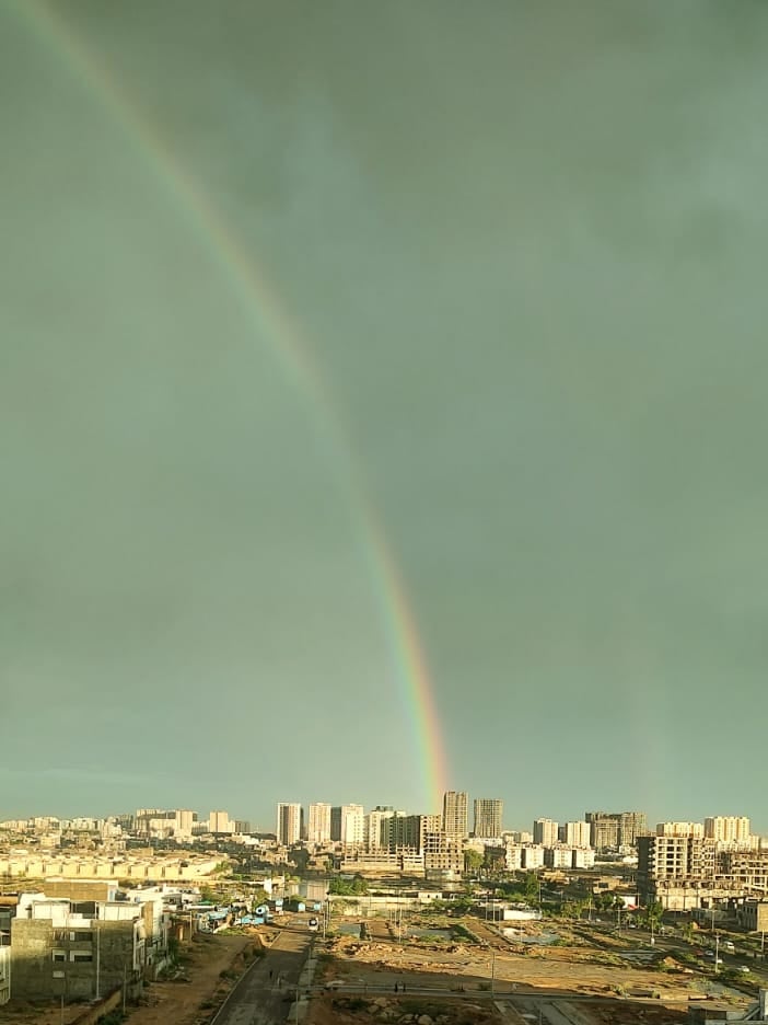 An enchanting view of a rainbow from Sector 25-b, Gulzar-e-Hijri area after heavy rains in Karachi on April 2, 2026. — Pakinomist.tv