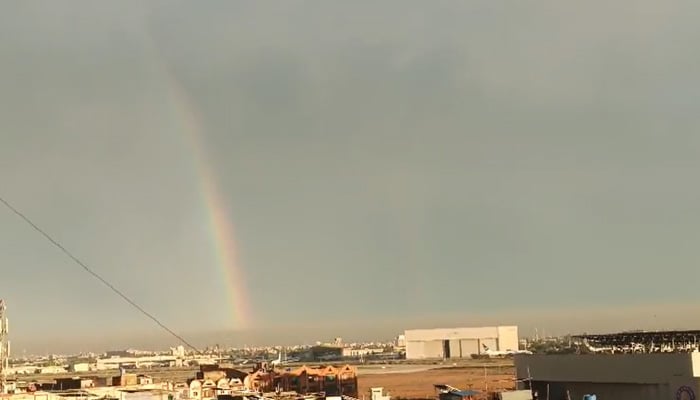 A photo shows the shades of the rainbow in Karachi's sky after heavy rain, April 2, 2026. — Pakinomist.tv