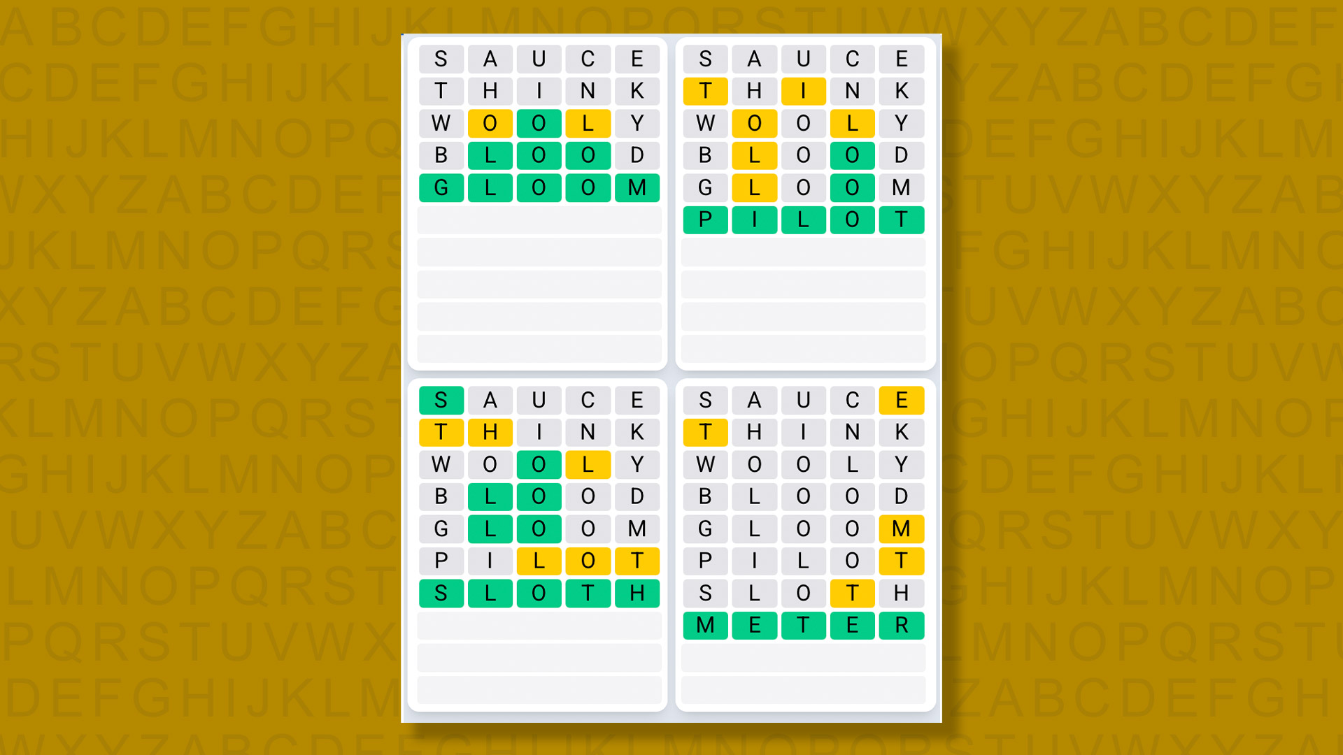 Quordle Daily Sequence answers for game 1532 on a yellow background
