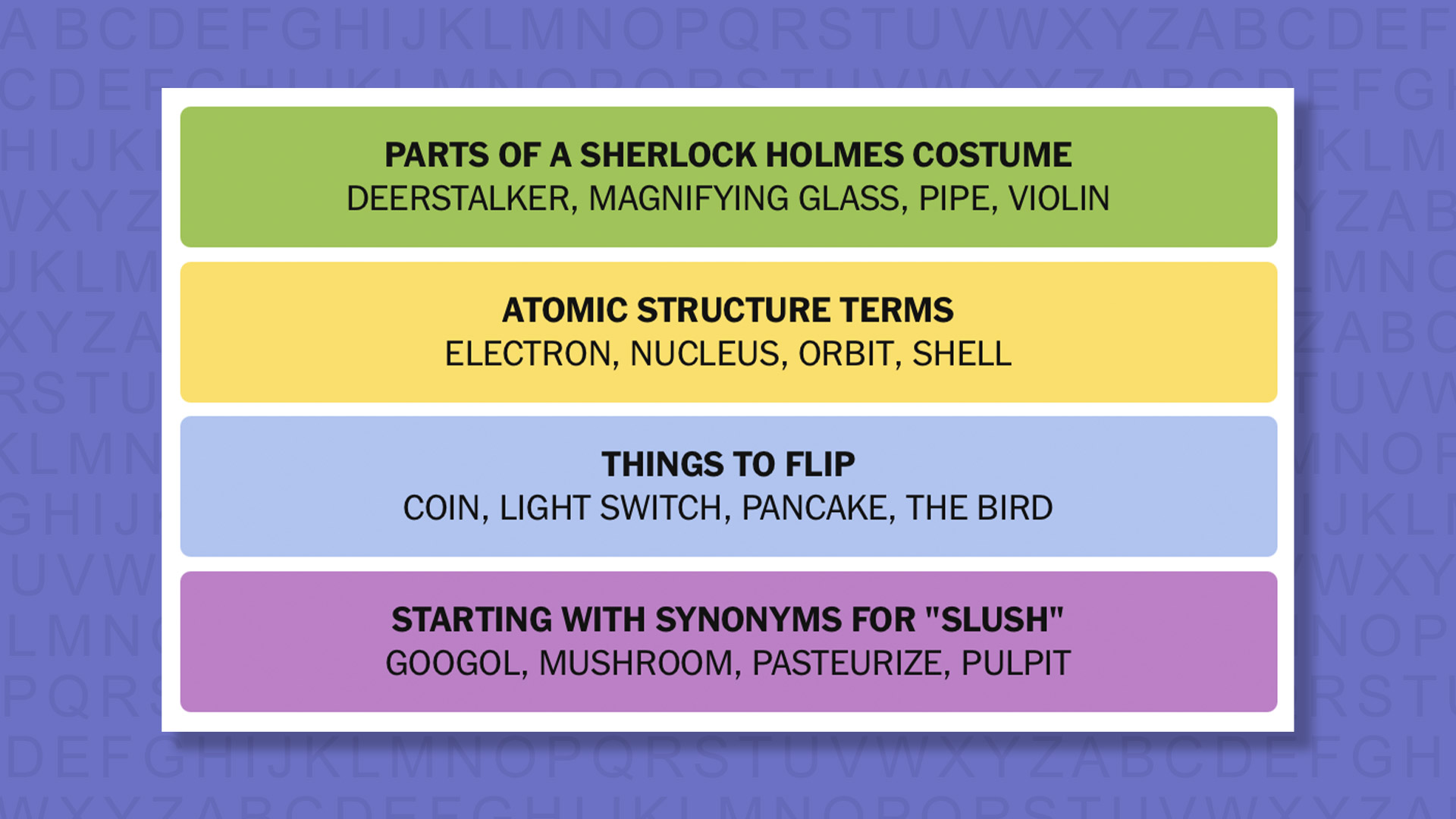 NYT Connections answers for game 1029 on a purple background