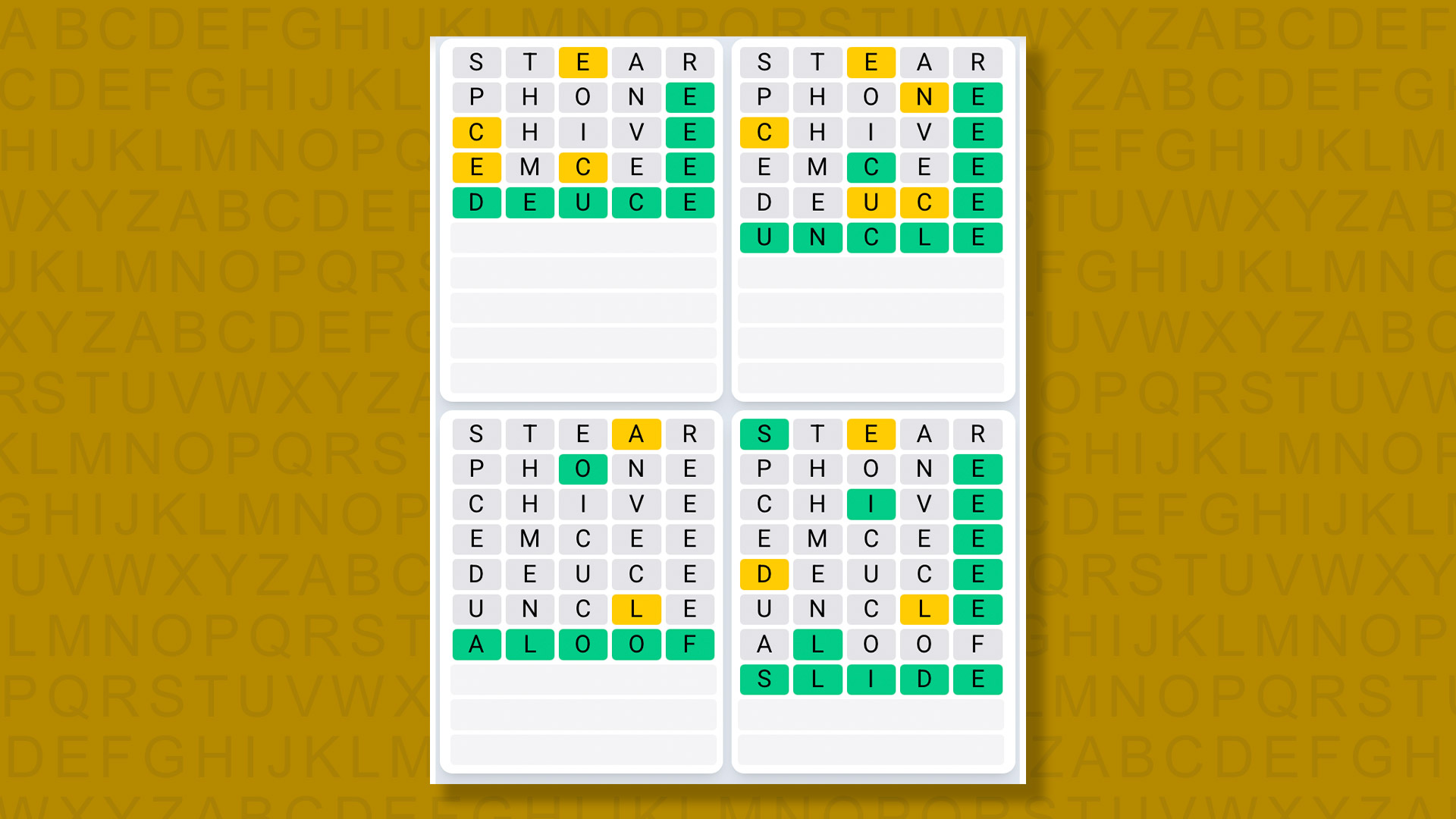 Quordle Daily Sequence answers for game 1536 on a yellow background