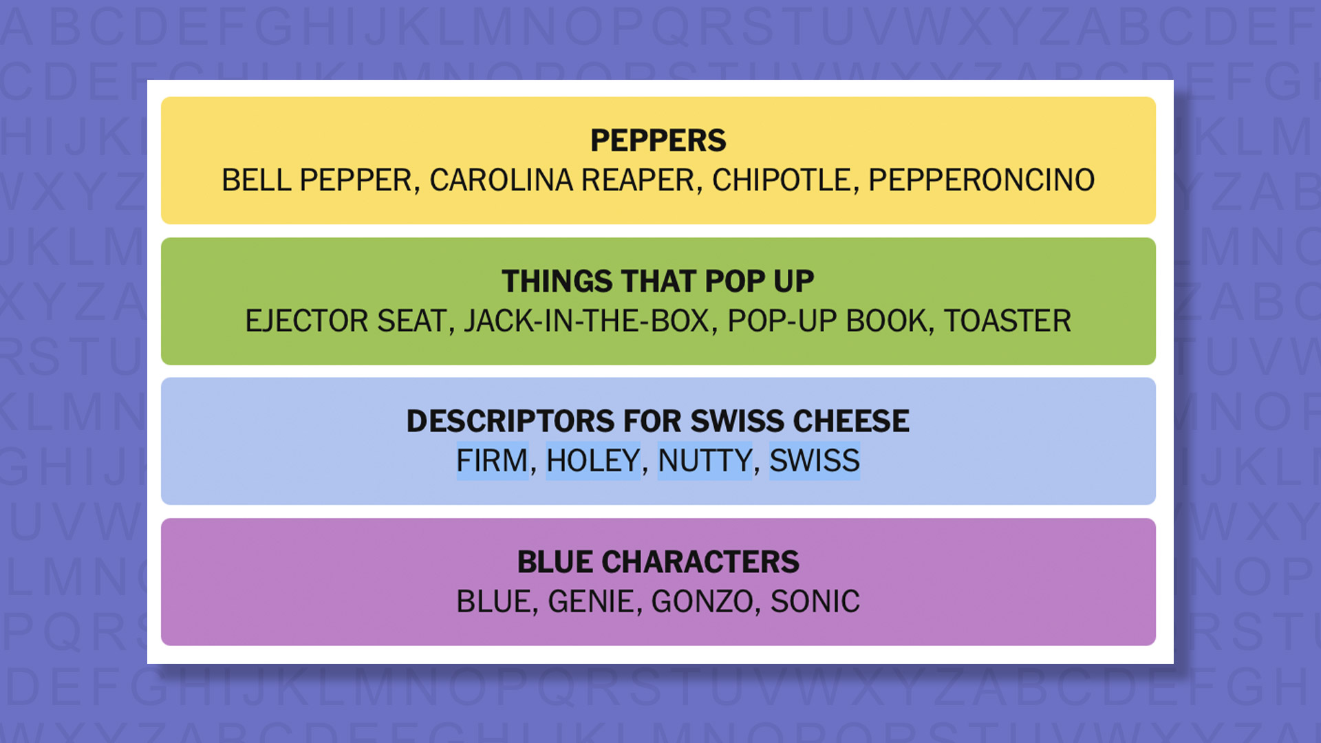 NYT Connections answers for game 1034 on a purple background