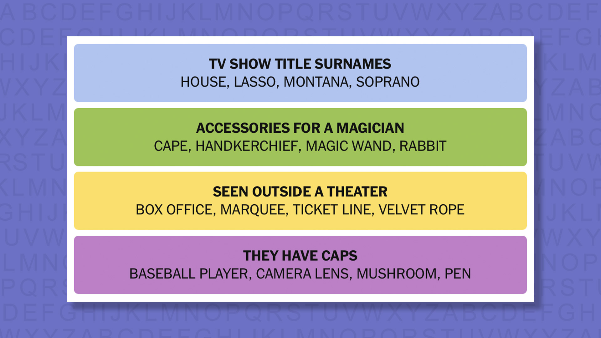 NYT Connections answers for game 1037 on a purple background