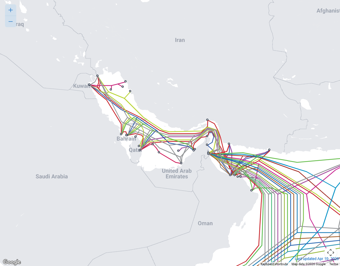 An image showing submarine cables in the Middle East, with particular reference to the Strait of Hormuz.
