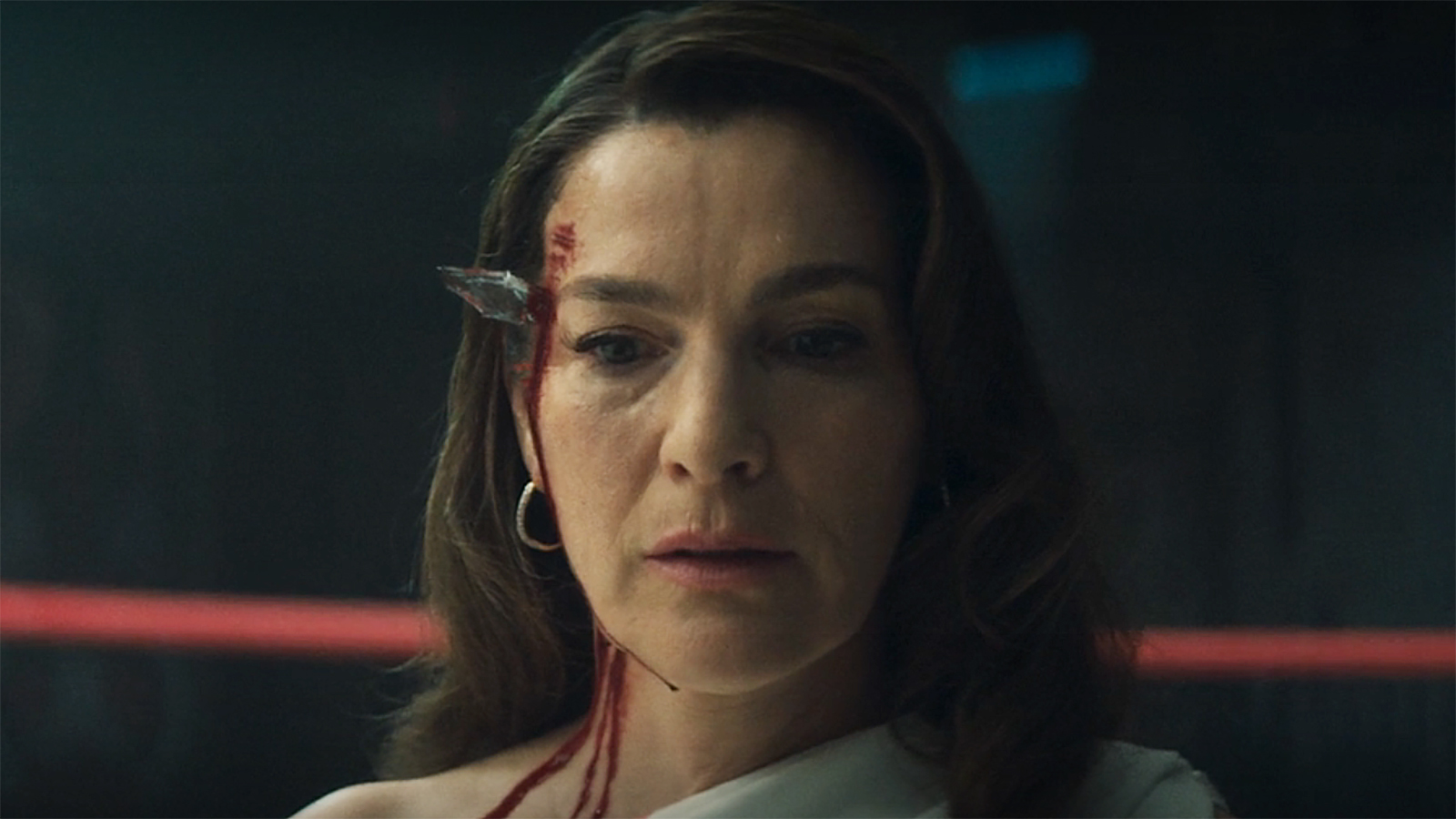 Vanessa Fisk looks down with a large shard of glass sticking out of her head in Daredevil: Born Again Season 2 Episode 4
