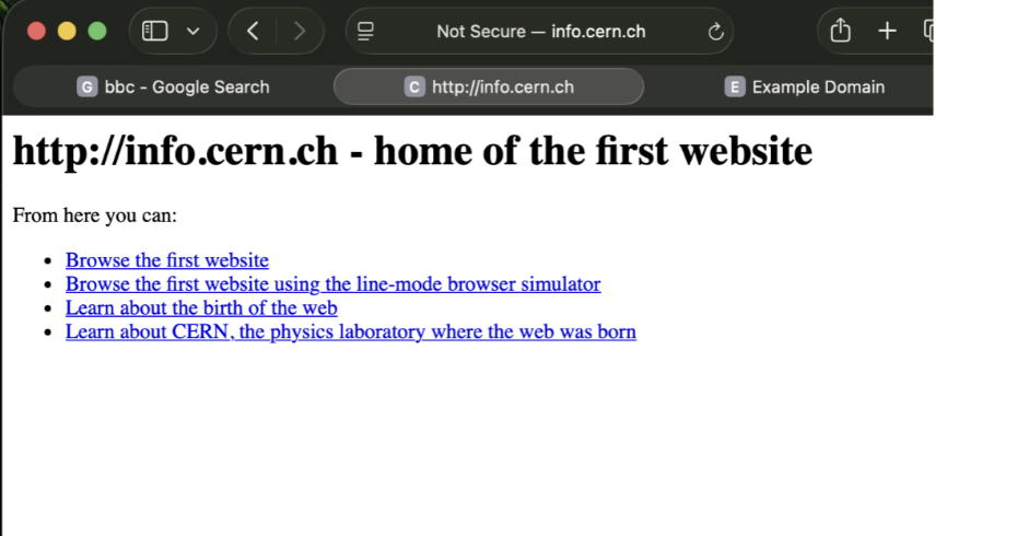 Screenshot showing successful connection to unencrypted http://info.cern.ch