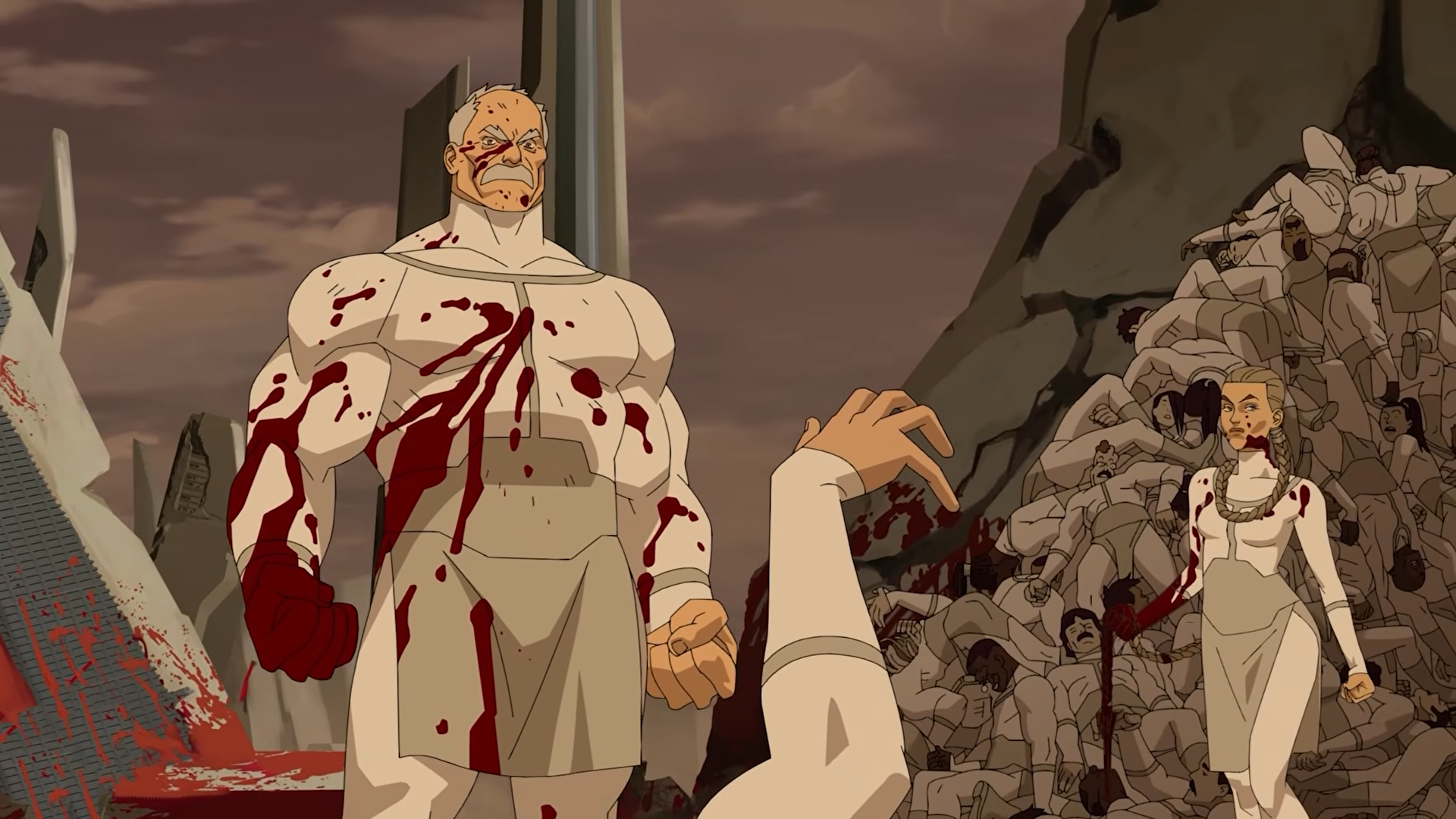 A bloody conquest standing near a pile of corpses in Invincible Season 4 Episode 7