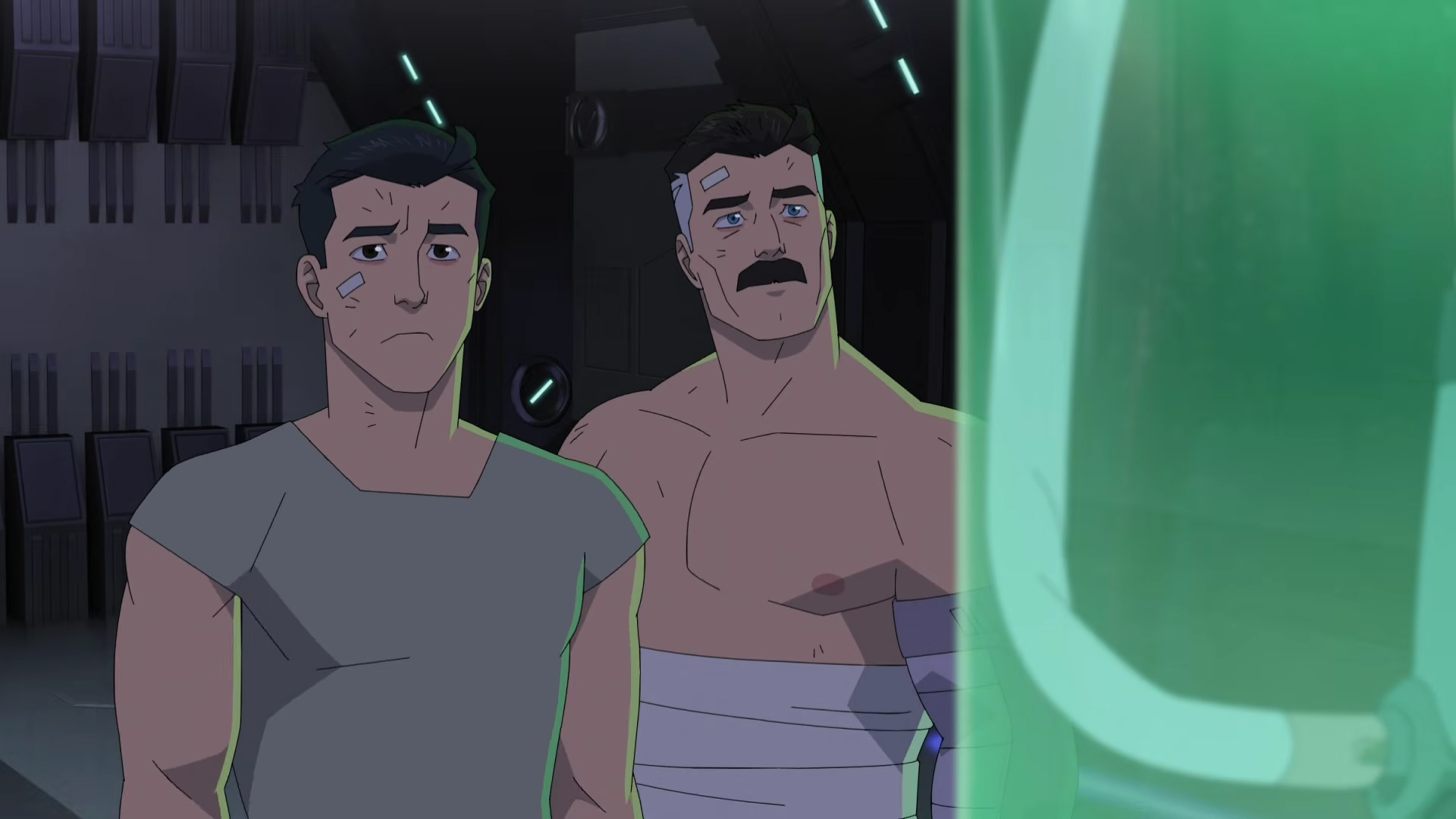 An injured Mark and Nolan look at Oliver's stasis tank in Invincible Season 4 Episode 7