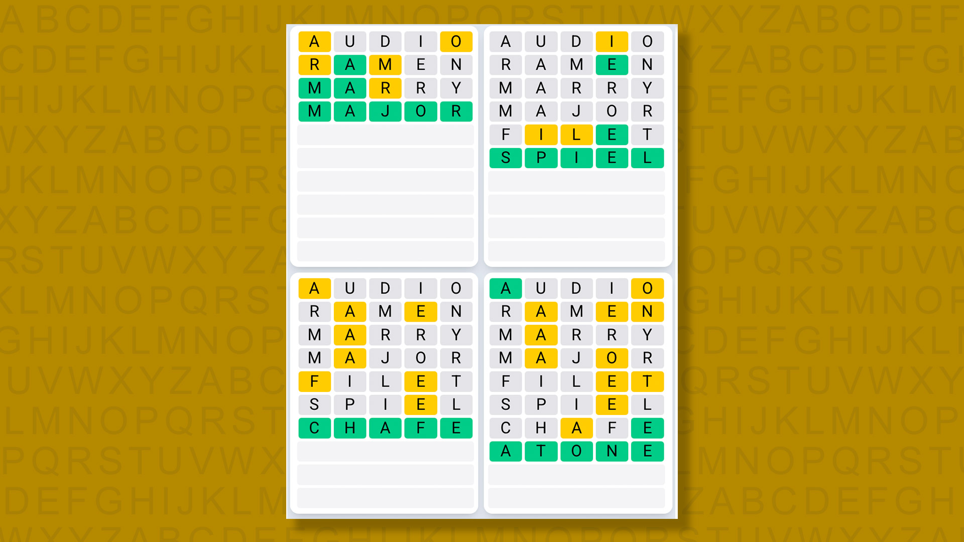 Quordle Daily Sequence answers for game 1543 on a yellow background