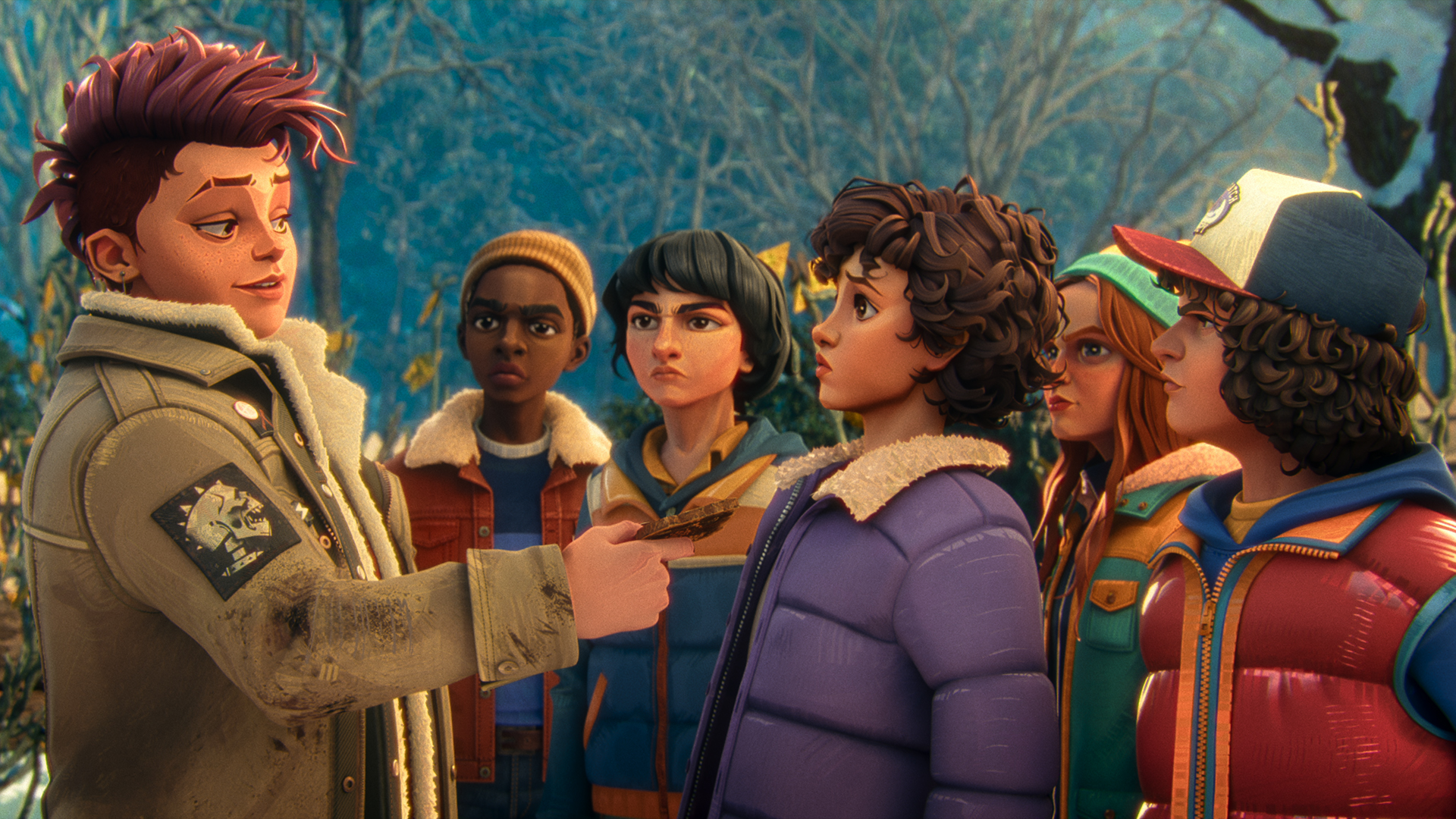 Nikki points at Eleven as Lucas, Mike, Max and Dustin watch Stranger Things: Tales From 85