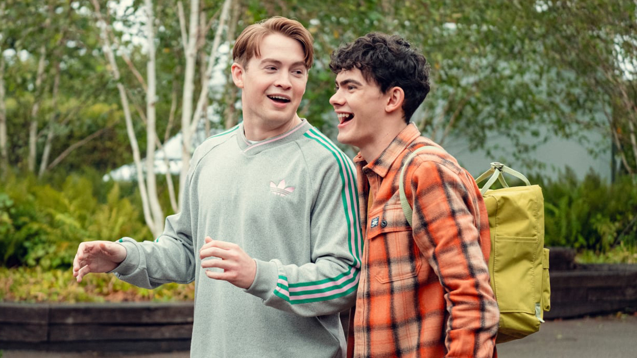 Nick and Charlie share a joke in Heartstopper Season 3