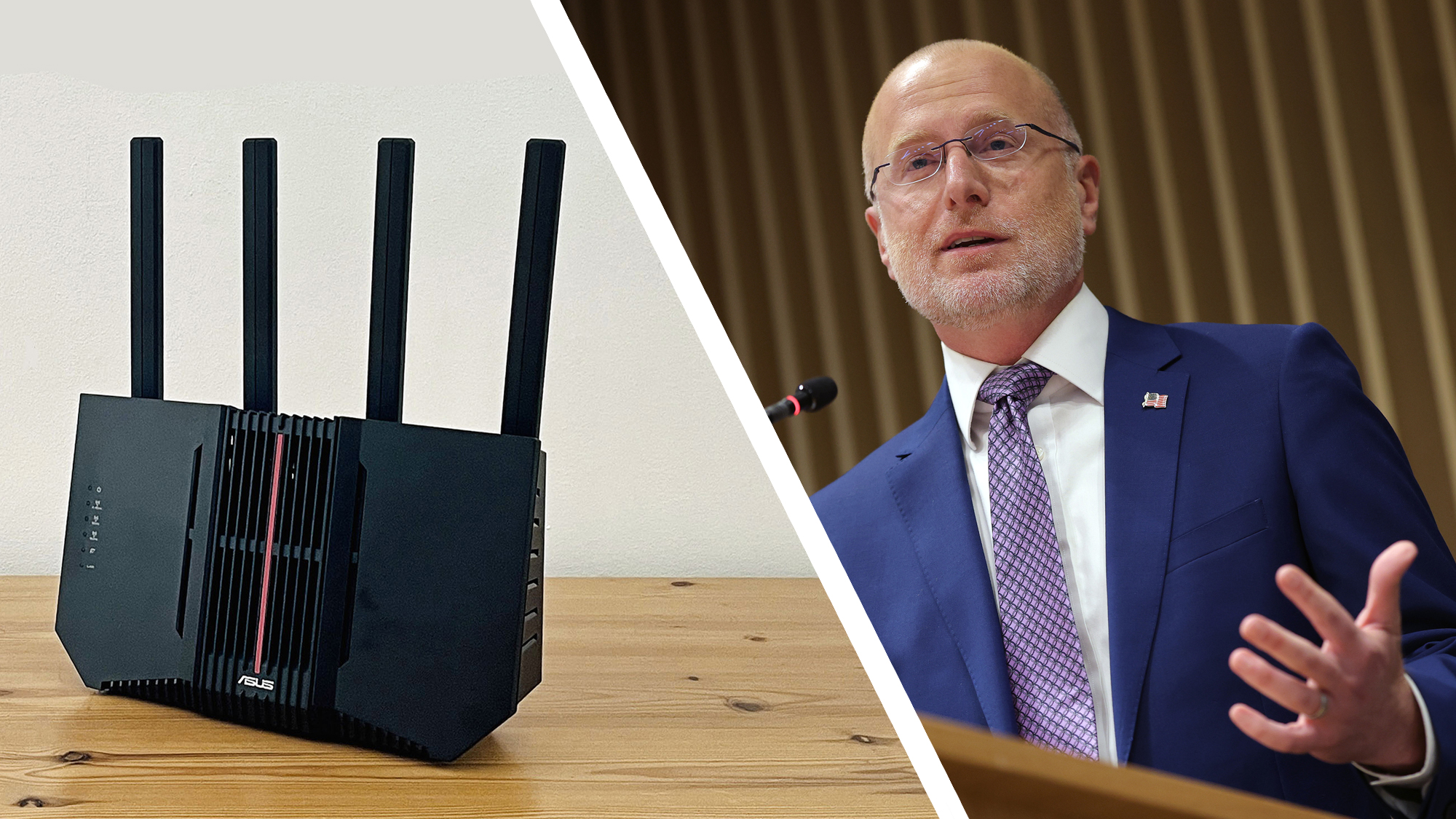 A router on a table next to a picture of FCC Chairman Brendan Carr