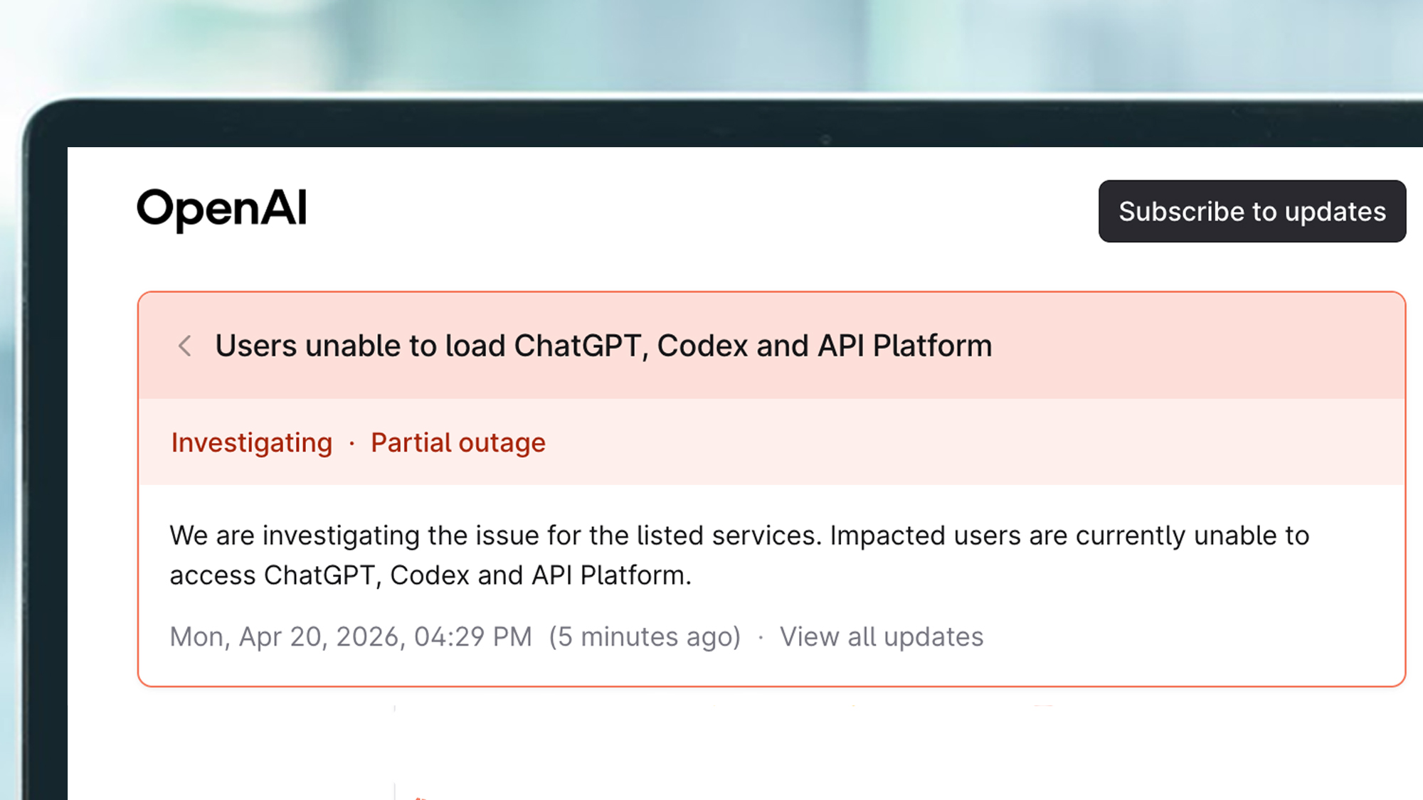 A portable monitor that displays a message on OpenAI's status page during a power outage