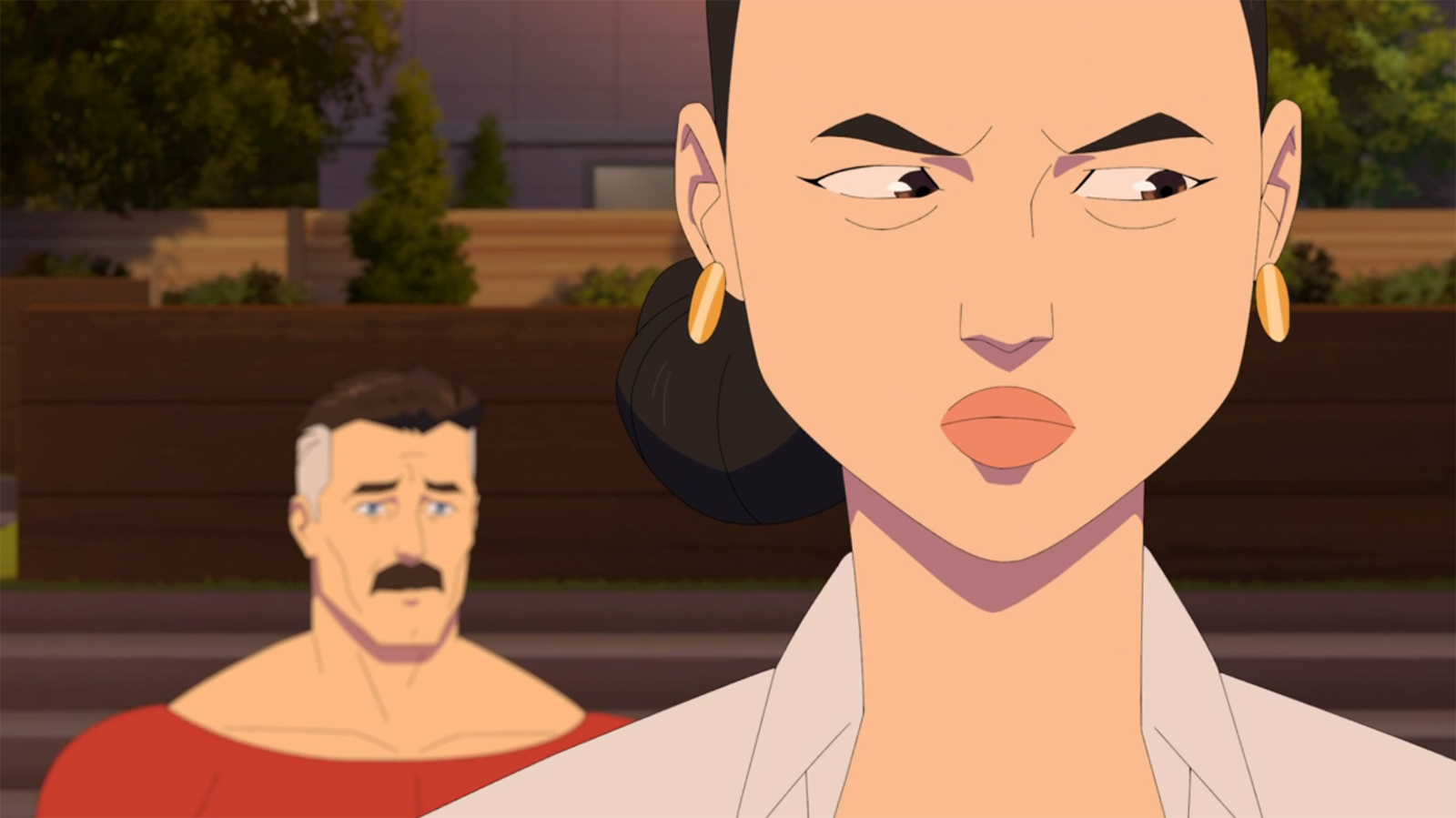 Debbie looks thoughtful as Nolan looks sad behind her in Invincible Season 4 Episode 8