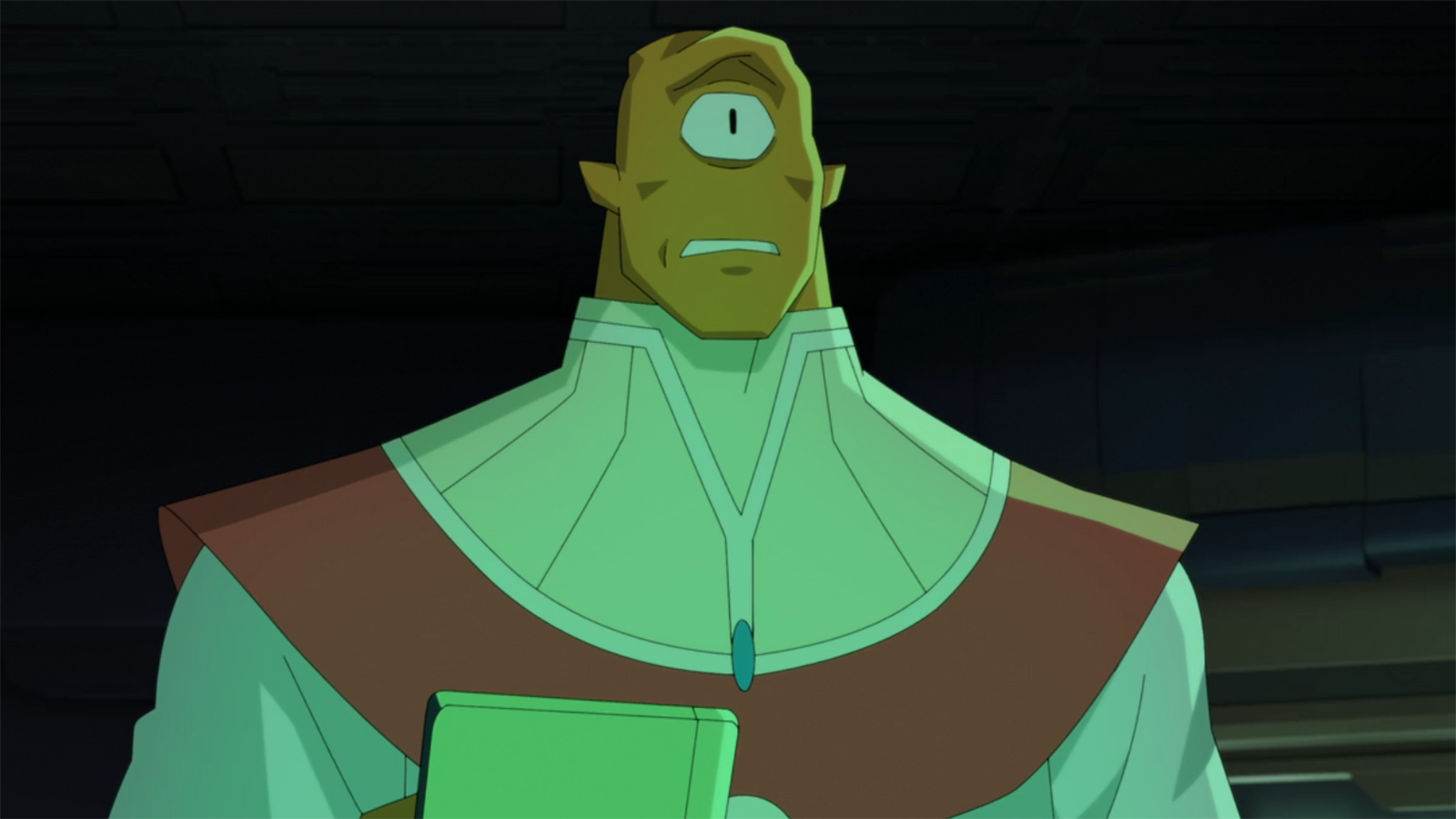 Aleen grimaces while holding a tablet and looks at the Scourge Virus off camera in Invincible Season 4 Episode 8
