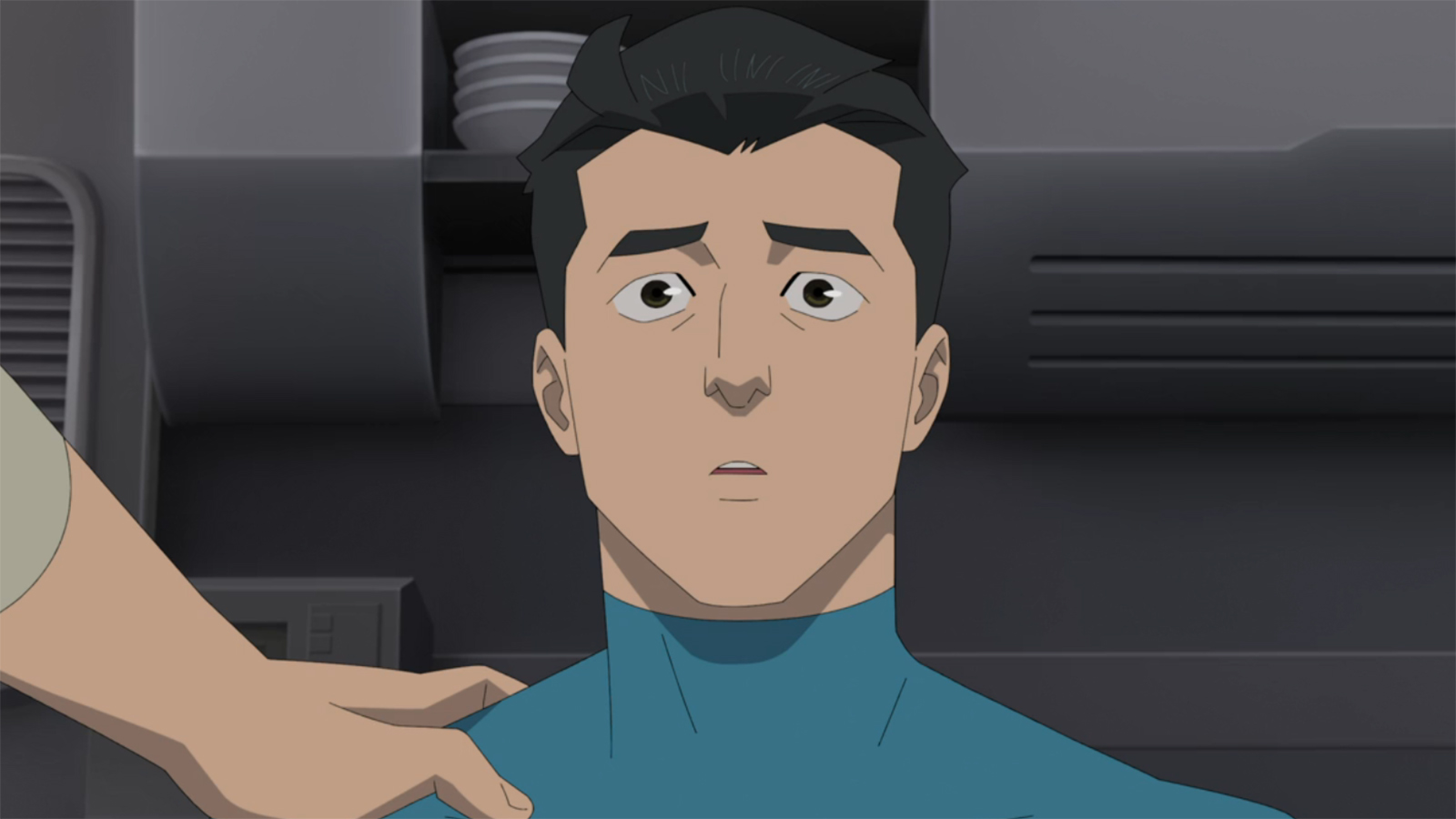 Mark looks surprised as a hand rests on his right shoulder in Invincible Season 4 Episode 8
