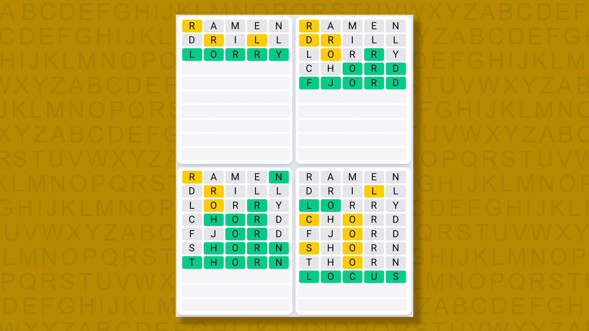 Quordle Daily Sequence answers for game 1551 on a yellow background