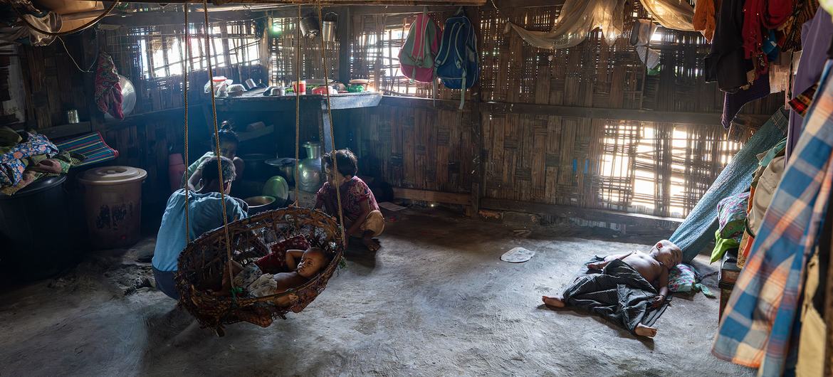 Inside an IDP camp in the central state of Rakhine in 2025. Myanmar already has an estimated 3.6 million people, and the number is expected to rise to around four million by 2026.